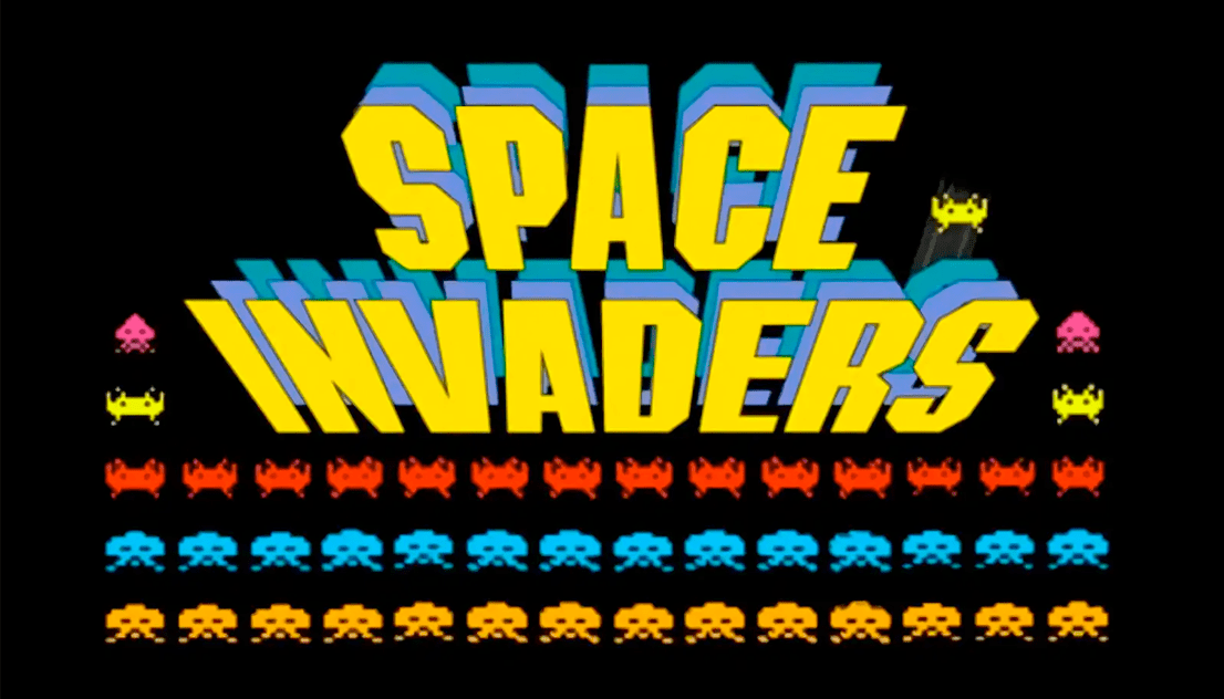 screenshot rimaneggiato della schermata del videogame Space Invaders con gli alieni stilizzati in più forme e colori